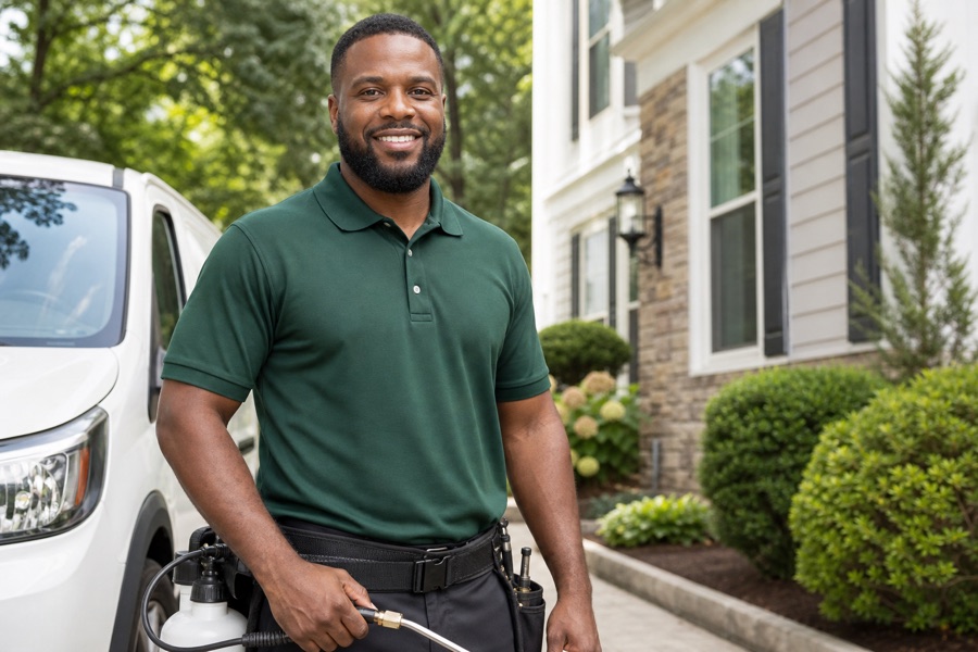 Black male pest control technician standing outside a home