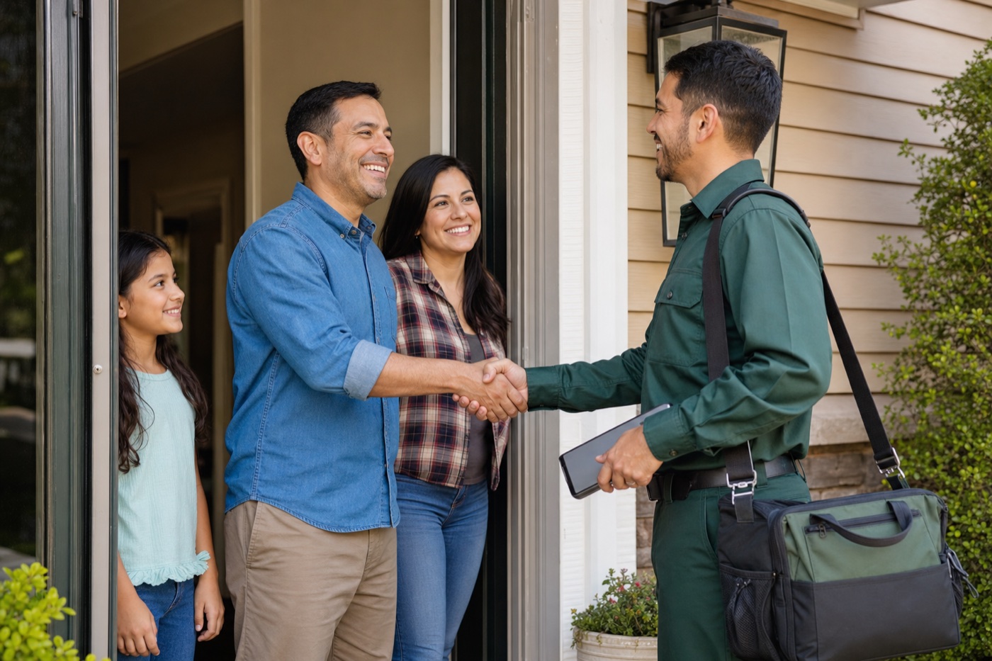 Happy Hispanic family receiving pest control service at their front door