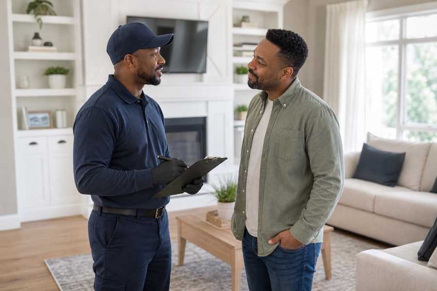 Technician explaining completed treatment to a homeowner in a clean living room