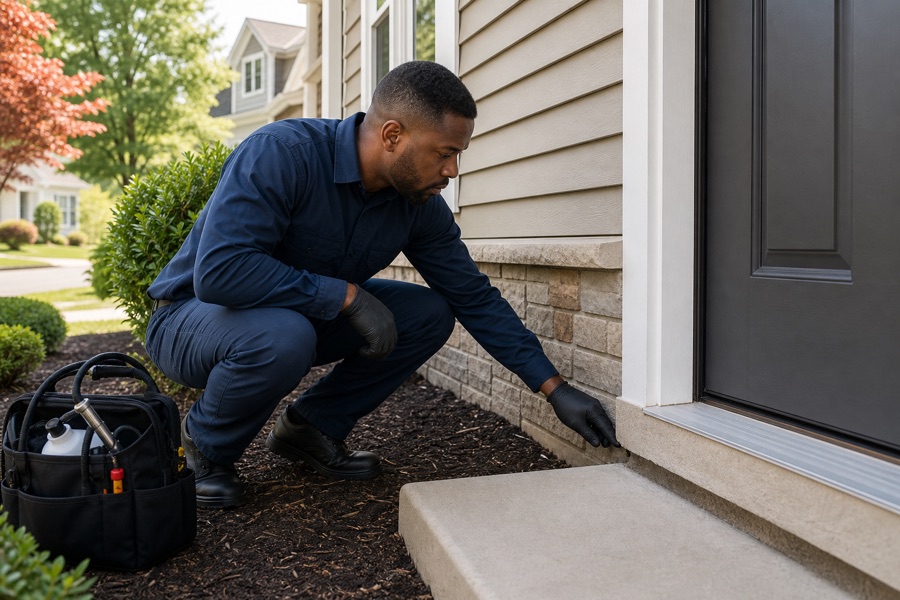Black male pest control technician inspecting a home's entry points