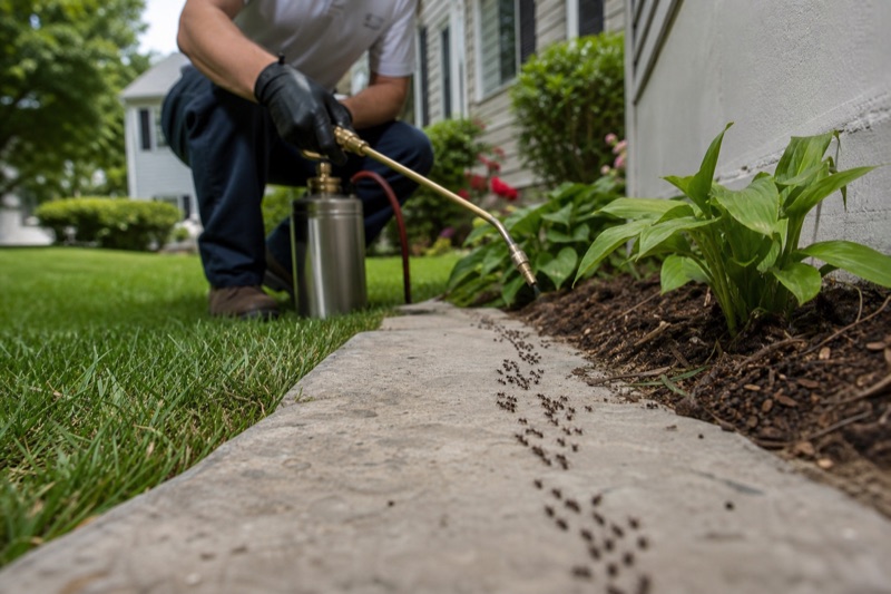 Technician treating ant activity along a home foundation