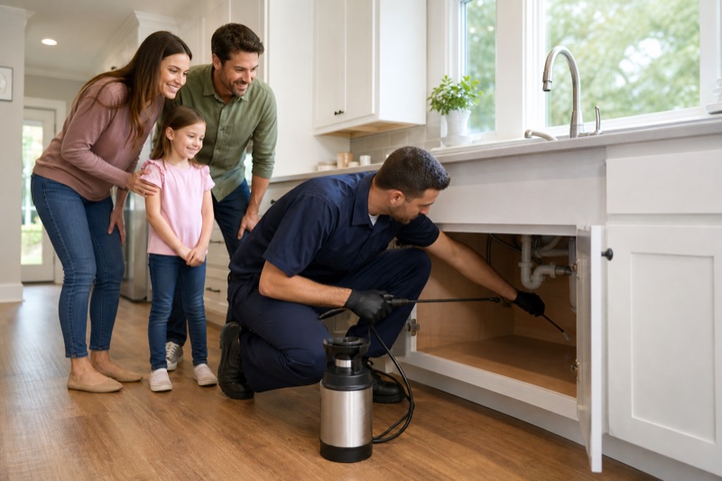 Technician treating kitchen cabinets for cockroach elimination