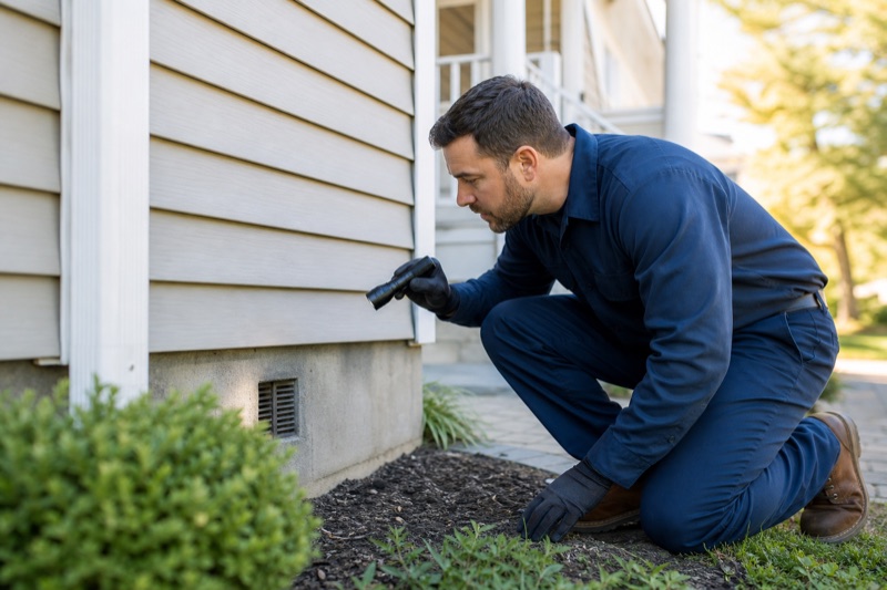 Technician inspecting a suburban home for rodent entry points