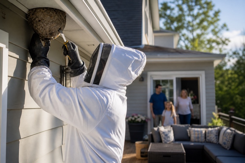 Technician removing a wasp nest from a suburban home exterior