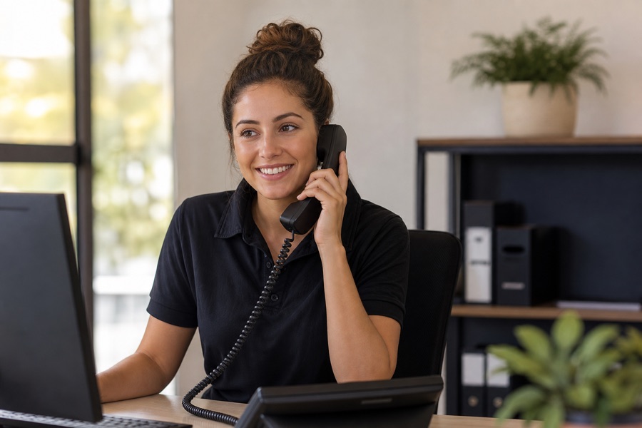 Friendly team member answering a customer phone call