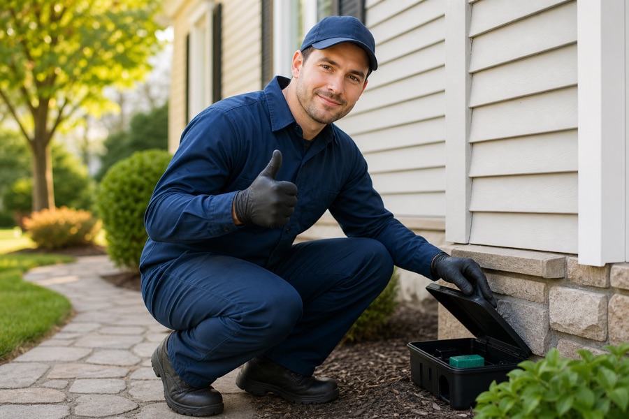 Technician checking a pest monitoring station outside a home